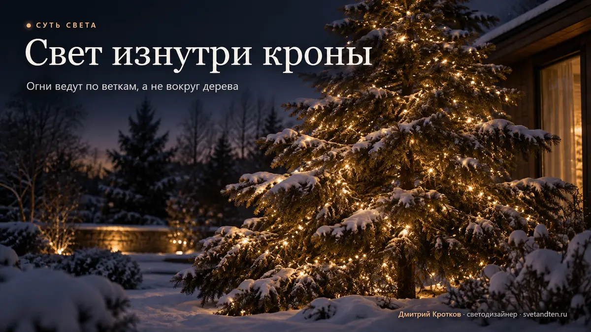 Ель с гирляндой во дворе