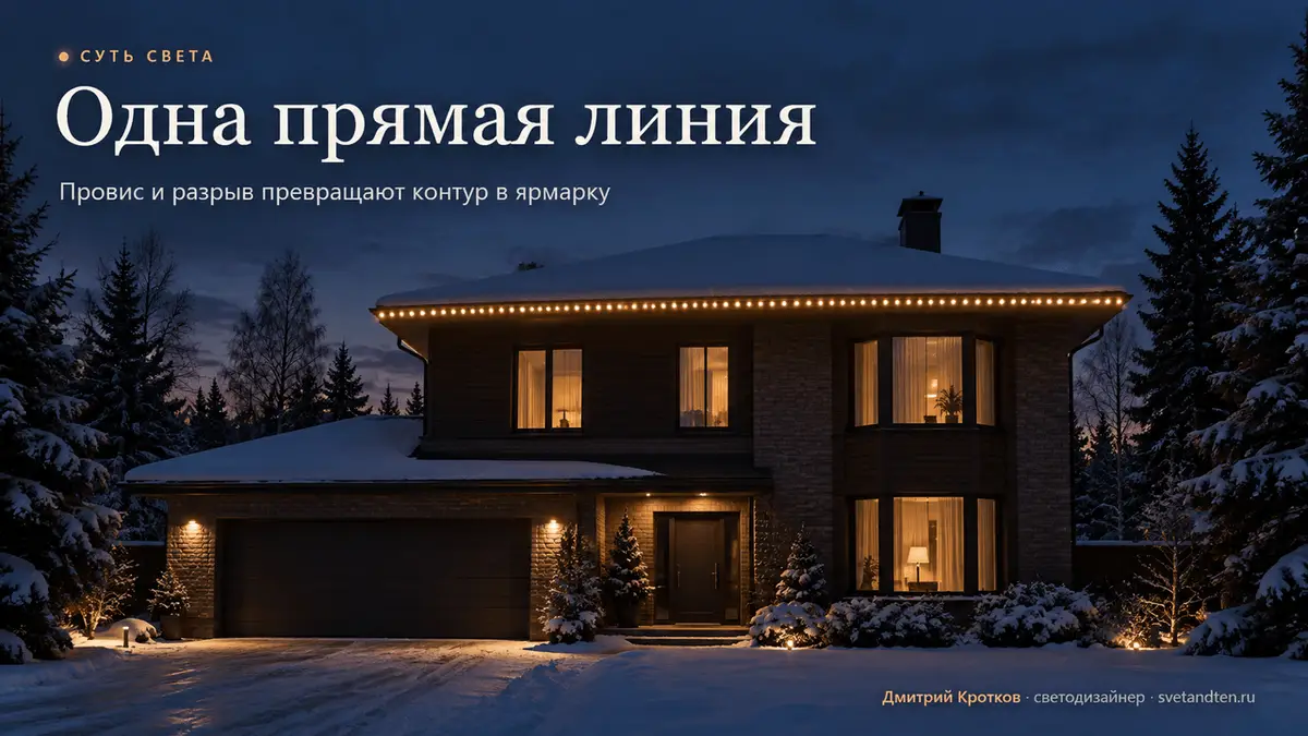Дом с гирляндой по контуру крыши
