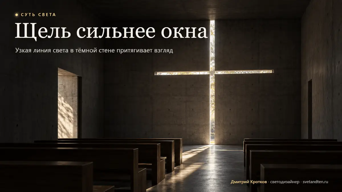 Щель в бетонной стене, и в ней крест из света