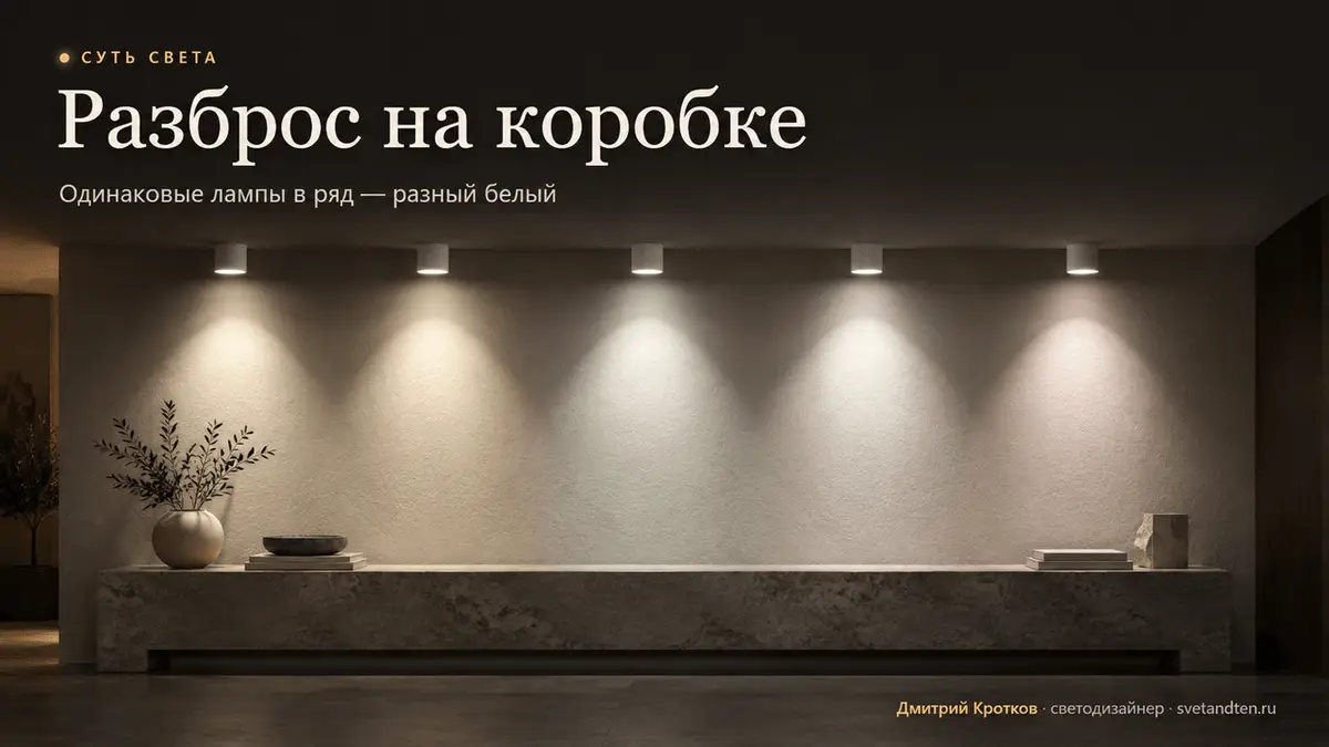 Ряд ламп с разным оттенком белого