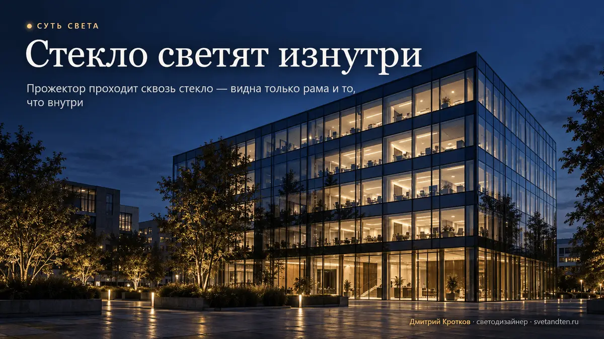Днём стеклянный офис сверкает, а вечером превращается в чёрную коробку